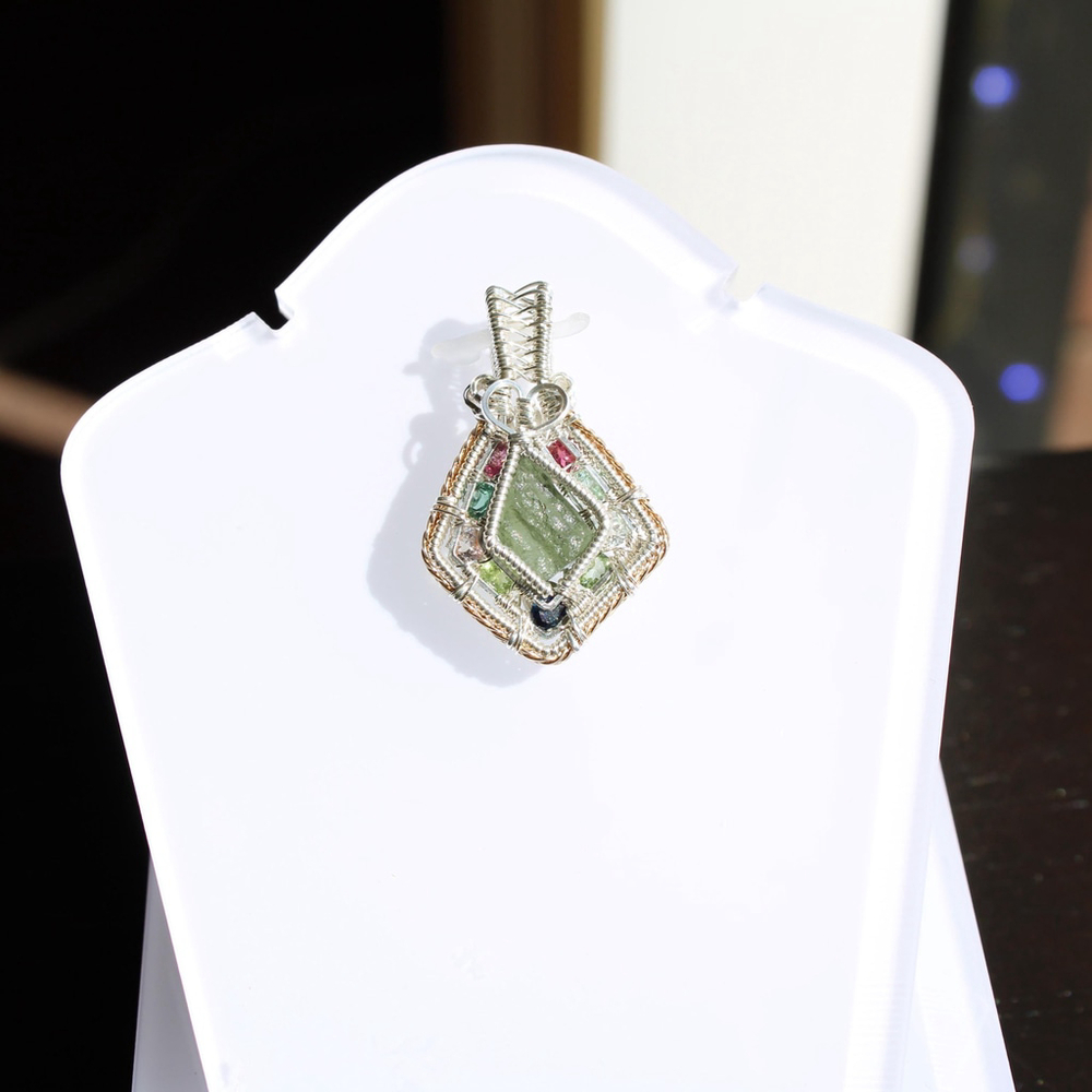 Handmade Moldavite & Tourmaline Pendant – Sterling Silver Crystal Necklace - Picture 8 of 10